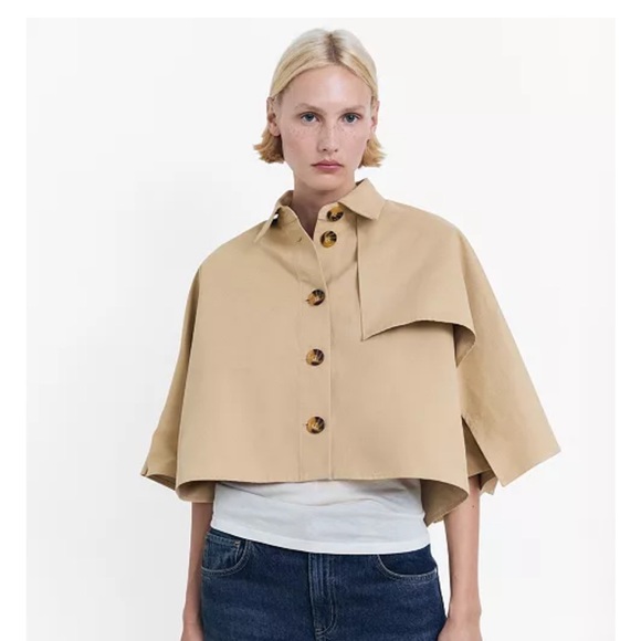 Mango Tan Cropped Cape Jacket with Button Details - Picture 3 of 6